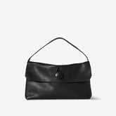 structured flap shoulder bag with square silhouette and button closure