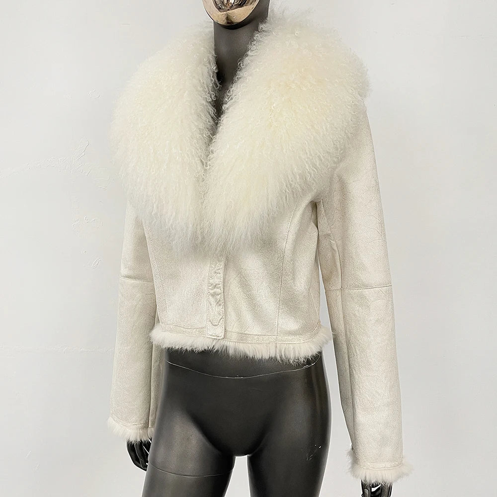 Light-toned suede fur jacket shown front-facing on a mannequin, highlighting the turn-down collar and clean tailored shape