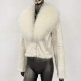 Light-toned suede fur jacket shown front-facing on a mannequin, highlighting the turn-down collar and clean tailored shape