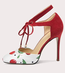 Front view of suede lace-up round toe wedding sandals