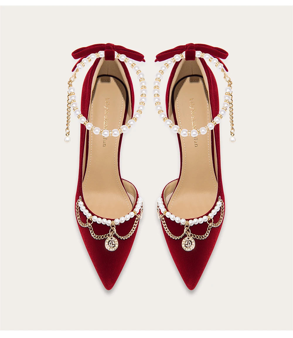 Suede pearl chain pointed toe pumps for women