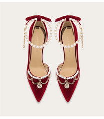 Suede pearl chain pointed toe pumps for women