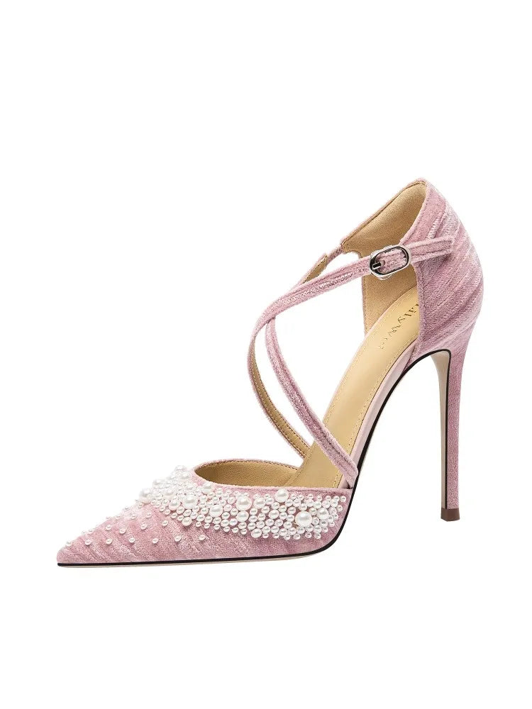 Luxury suede pearl strap evening sandals