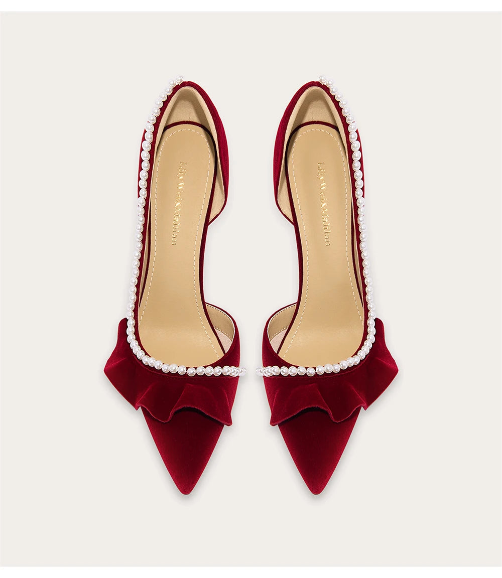 Suede pointed toe pumps with pearl lace detail