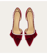 Suede pointed toe pumps with pearl lace detail