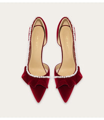 Suede pointed toe pumps with pearl lace detail