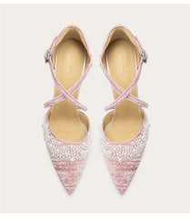 Suede pointed toe sandals with pearl strap detail