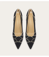 Suede pointed toe pumps with petal stitching design