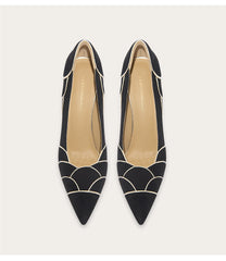 Suede pointed toe pumps with petal stitching design