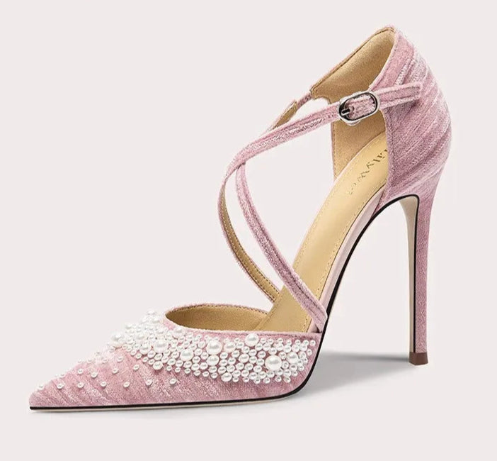 Elegant pearl embellished suede ankle strap heels