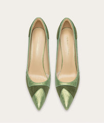 Suede printed cloth patchwork wedding pumps with pointed toe