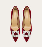 Suede rhinestone wedding pumps with square button detail