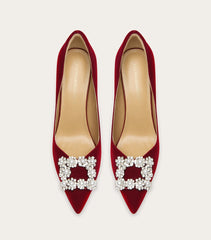 Suede rhinestone wedding pumps with square button detail