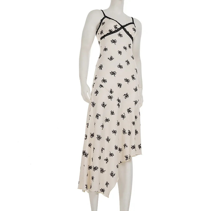 Summer lace print A-line dress with V-neck and spaghetti straps