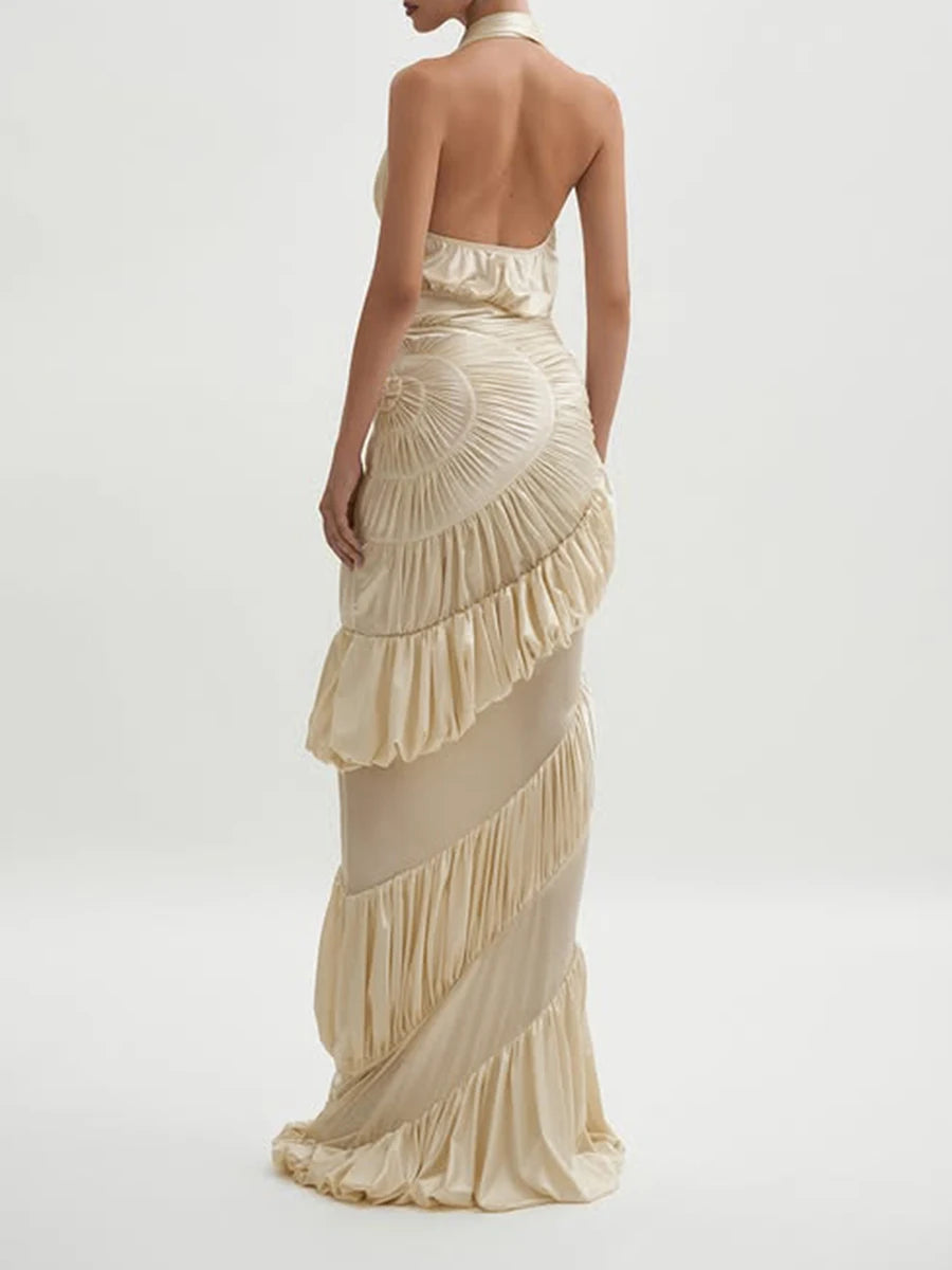 Elegant long dress with pleated bodice and flounced hem