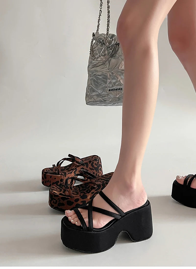 Street style inspired black platform sandals with slim straps