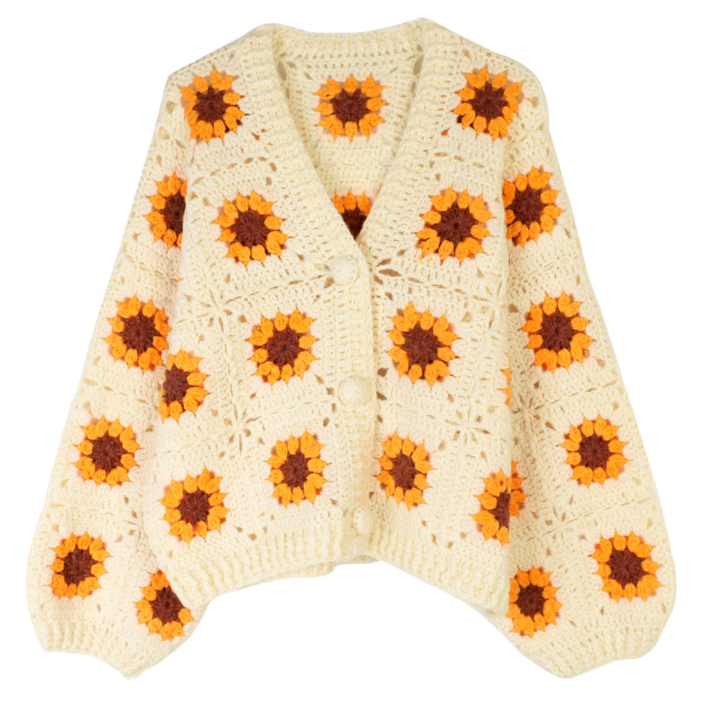 Sunflower crochet cardigan styled for cozy boho-inspired fall outfits