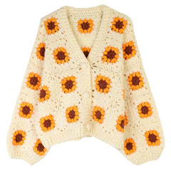 Sunflower crochet cardigan styled for cozy boho-inspired fall outfits