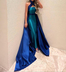 Back-leaning full-length view capturing the sweep-train movement and glossy satin shine as the contrast skirt pools softly on the floor.