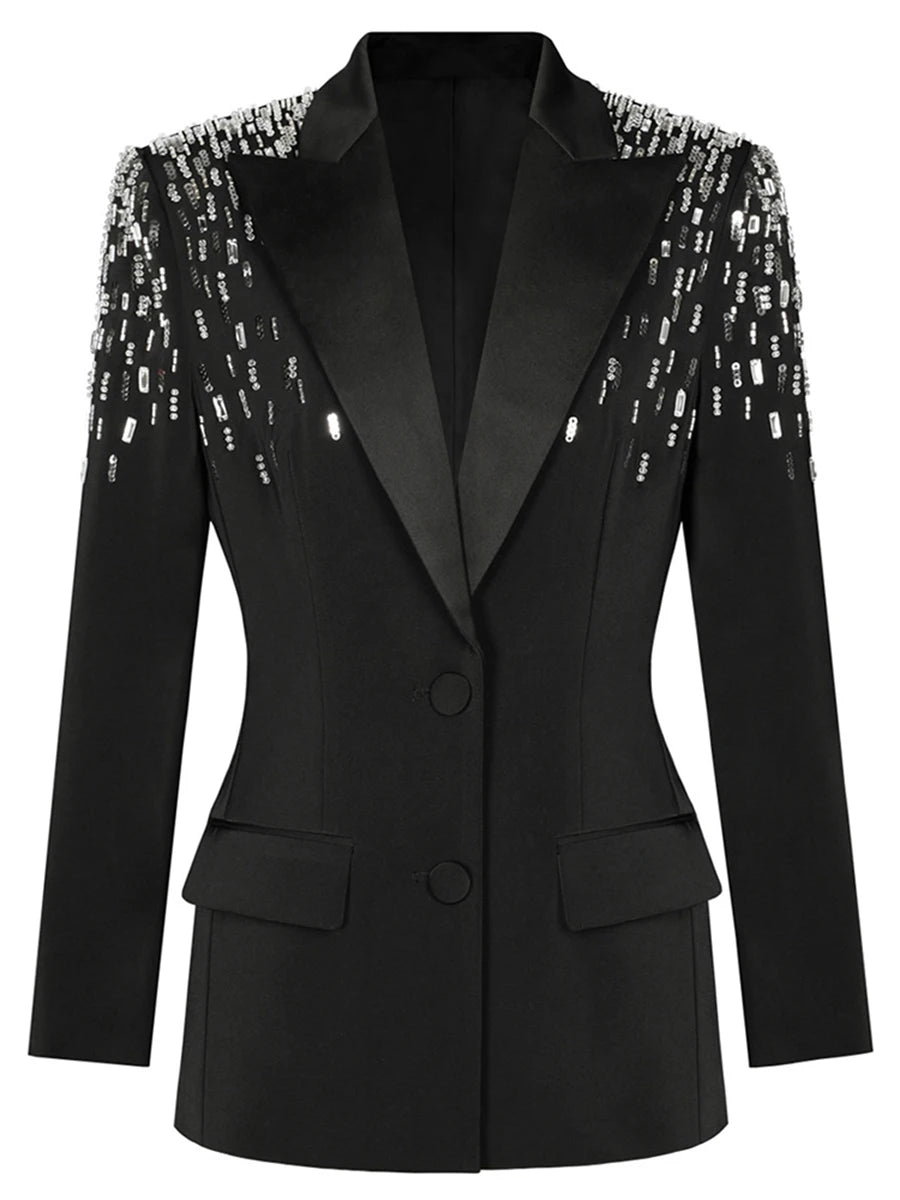 Structured blazer shown straight on, displaying its fitted waist, long sleeves, and refined proportions