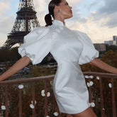 Tailored white puff sleeve mini dress perfect for work, events, and trend edits