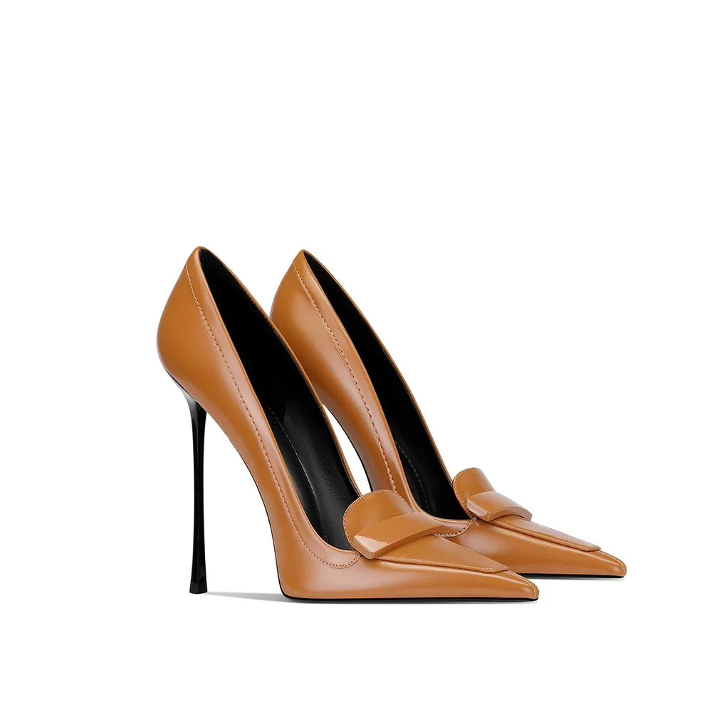 Pair of tan genuine leather pointed toe stiletto pumps for office and party looks on a white background