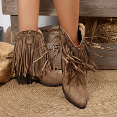 Front view of tassel suede western cowboy boots for women