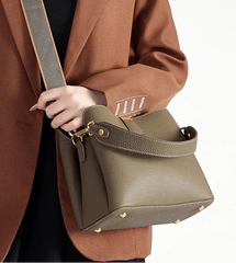 Taupe genuine cow leather satchel with structured shape and top zipper closure