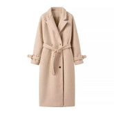 taupe teddy lapel trench coat with plush texture for winter