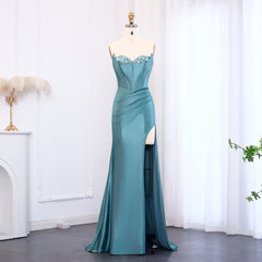 Sweetheart satin mermaid prom gown with high slit on mannequin