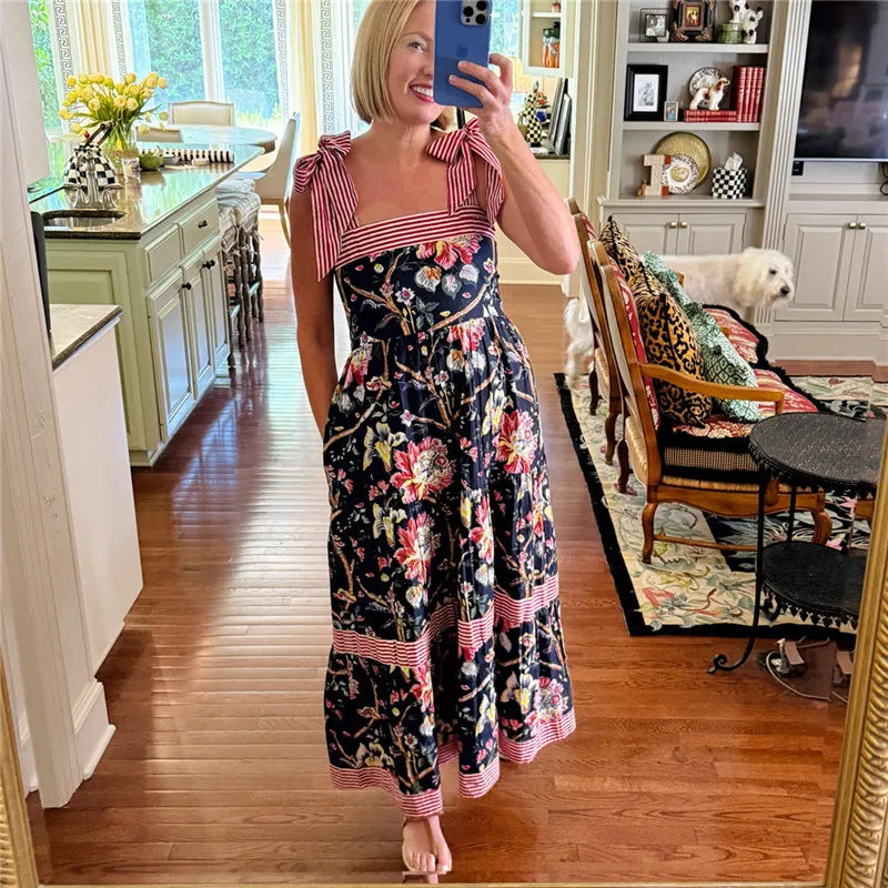 Close-up of vintage square-neck sundress with floral print