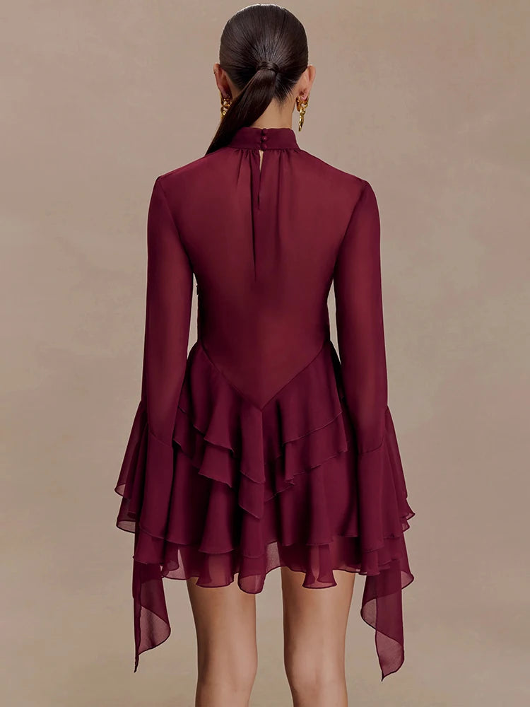 High neck mesh mini dress with slim bodice and A-line shape