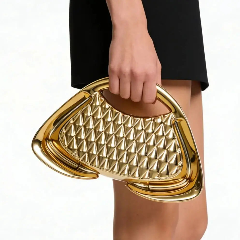 Trapezoid acrylic minaudière clutch with geometric textured surface