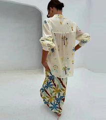 Back view of tropical print co-ord with long sleeves and shorts
