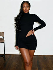 Sculpted turtleneck sheath mini dress with fitted waist shaping
