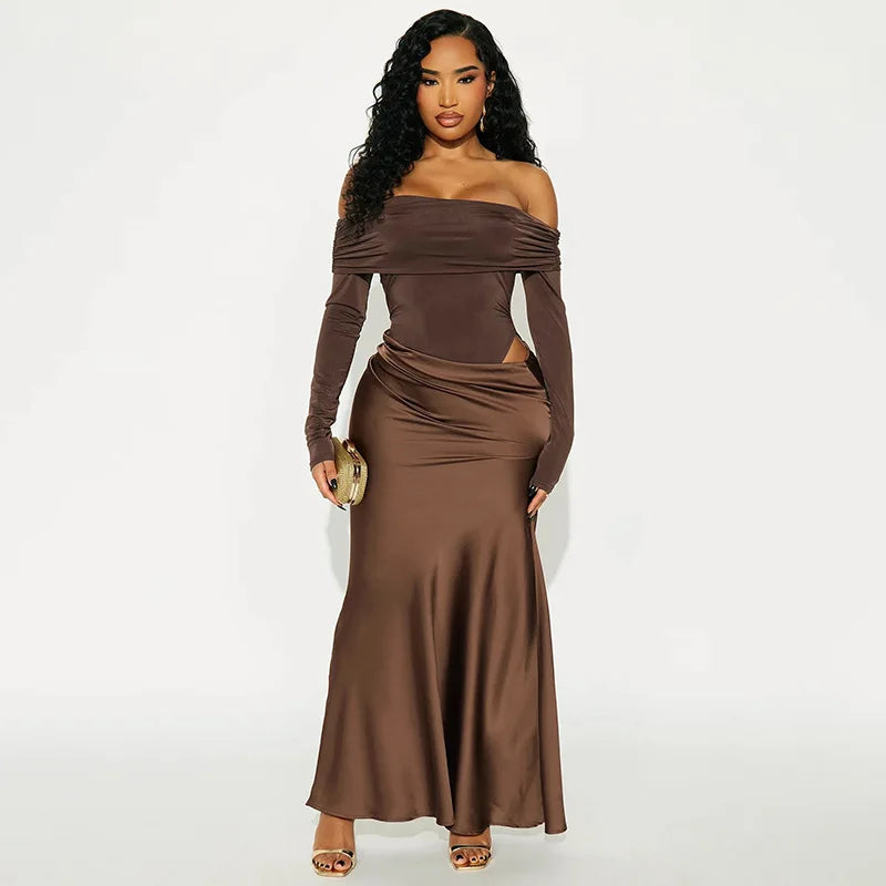 Long sleeve brown dress set styled with clutch