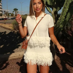 V-neck white fringe summer cardigan paired with matching skirt