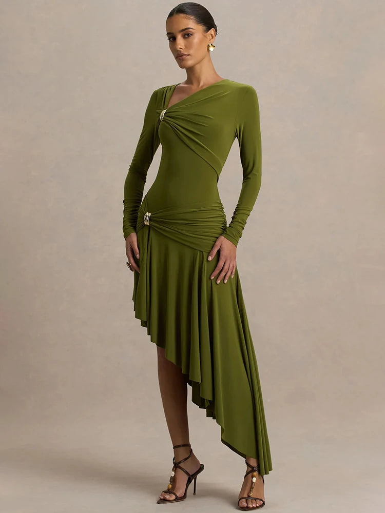 V-neck olive dress with long sleeves and statement skirt