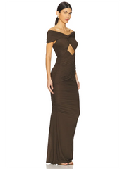 Woman wearing a V-neck sheath party gown in brown for chic celebrations on a white background