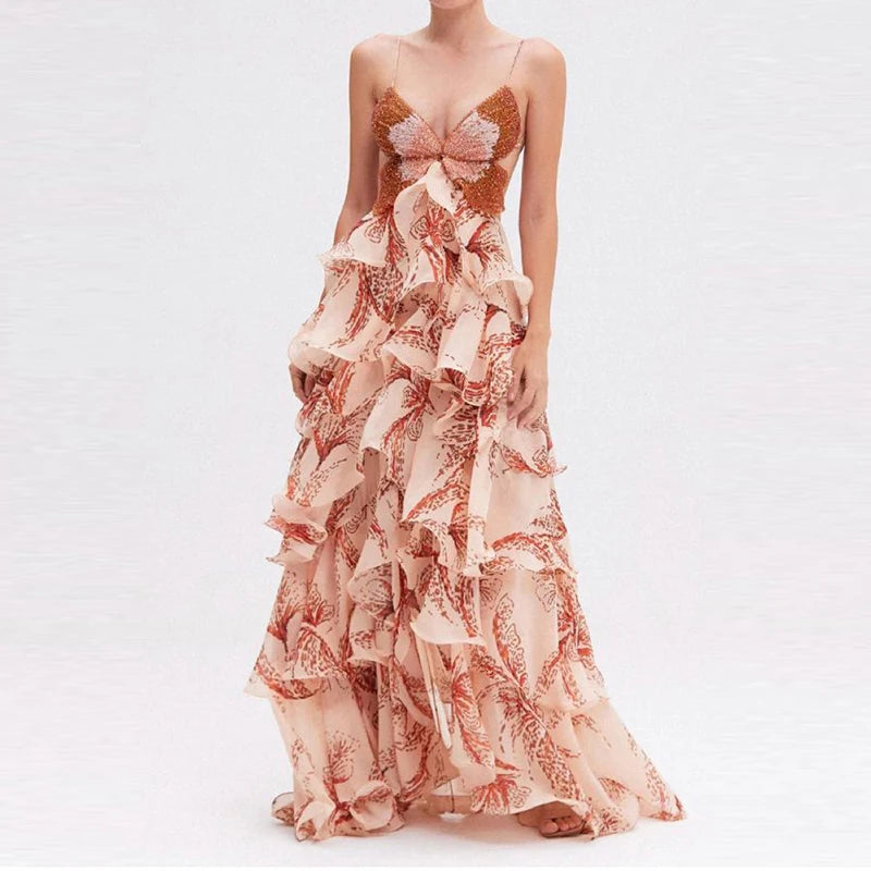 The front view of the V-neck, sleeveless bohemian gown.