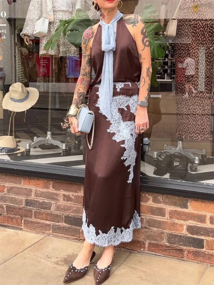 Coordinated top and mid-calf skirt set with contrast lace detailing