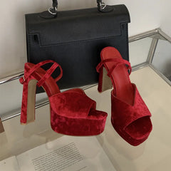 Velvet peep-toe platform wedge heels for women