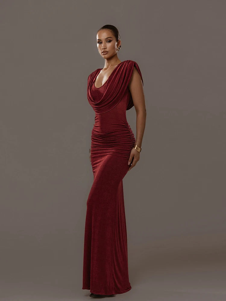 Elegant velvet ruched swing collar bodycon gown