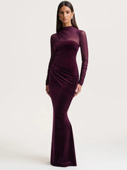 Long sleeve maxi dress featuring velvet body and mesh panel detailing