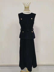 Versatile navy business outfit with sleeveless top and pockets