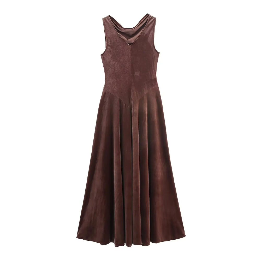 Vintage fit and flare brown velvet dress styled on white background