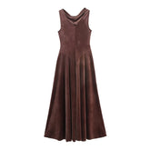 Vintage fit and flare brown velvet dress styled on white background