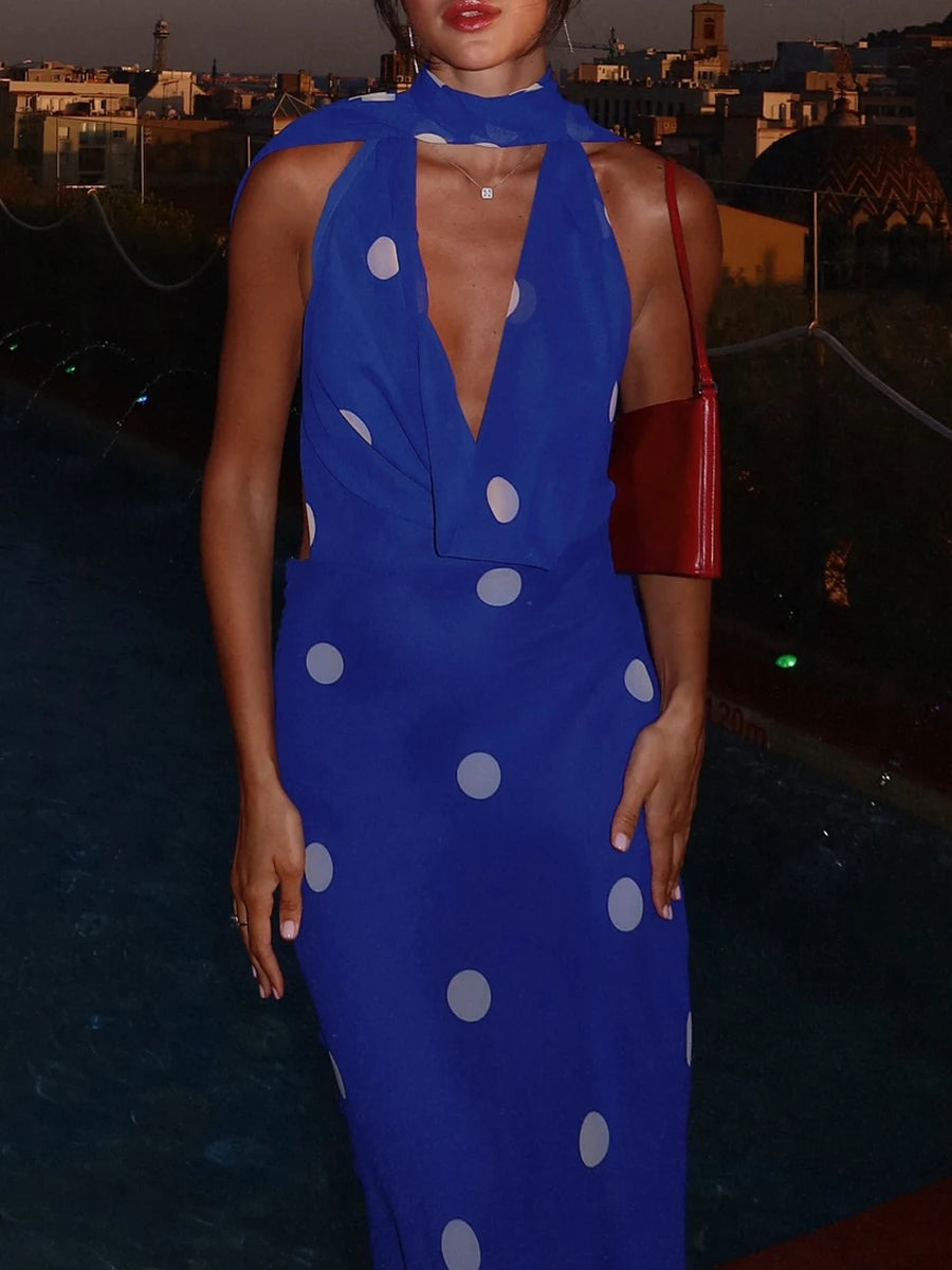 Vintage dot print A-line summer gown for resort and destination style