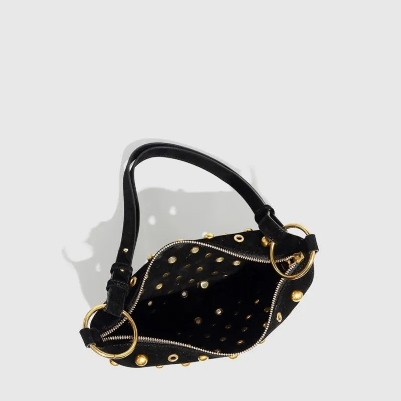 Soft black PU leather handbag with gold studs