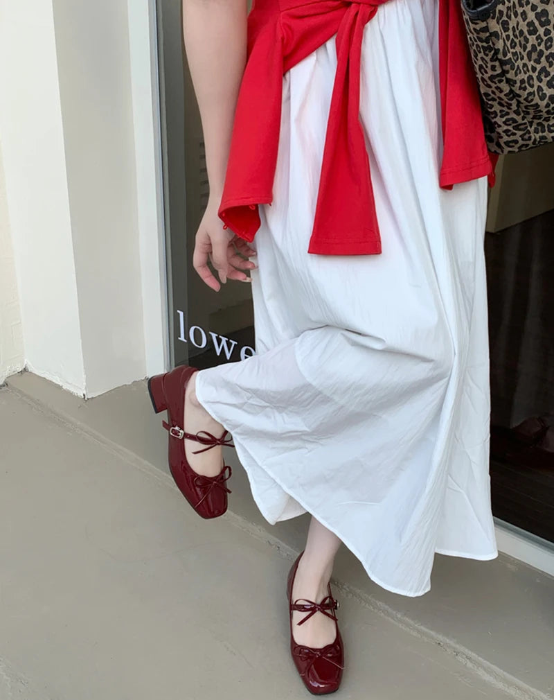 Elegant bow detail Mary Jane shoes styled for casual wear